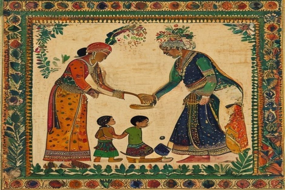 “Jur Sital” — the cooling-water blessing — illustration in the Mithila style