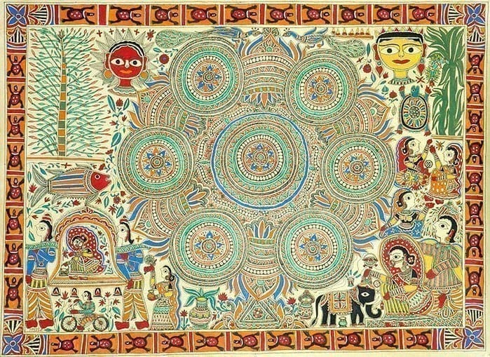 The motifs decoded — illustration in the Mithila style