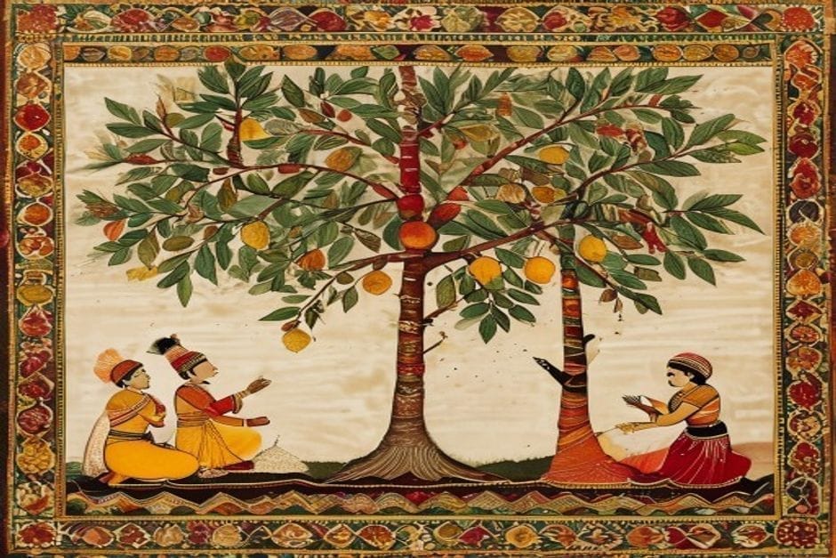 The mango & mahua tree wedding — illustration in the Mithila style