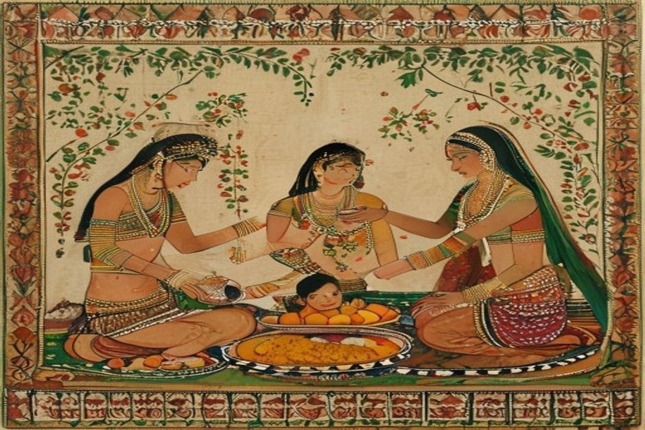Chumaon, songs & the bhoj — illustration in the Mithila style