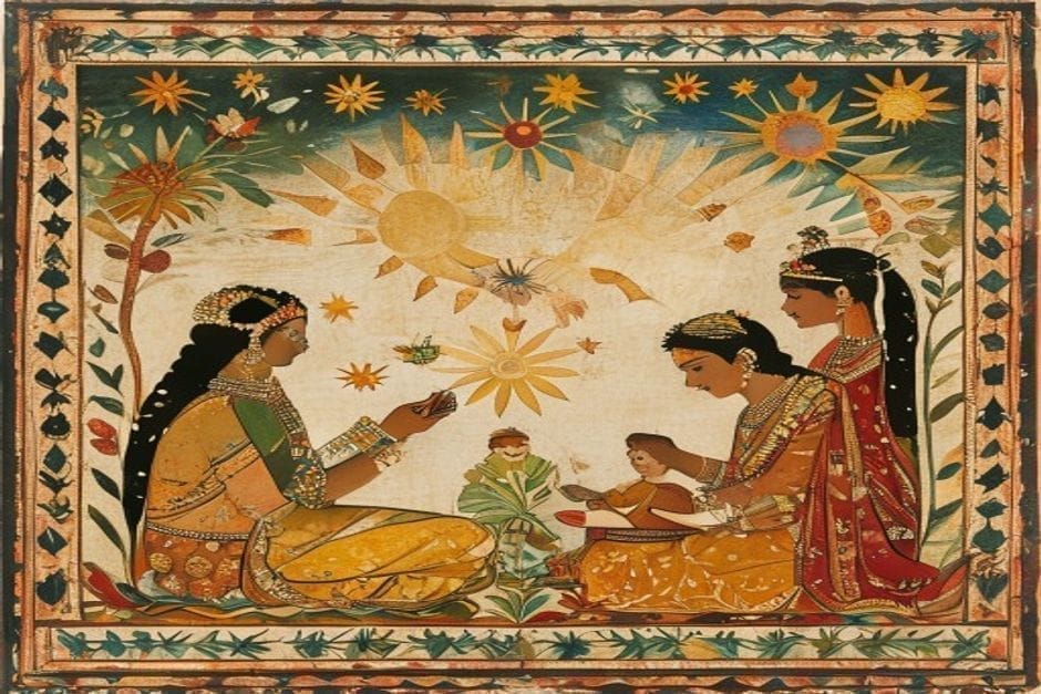 Choosing the auspicious time — illustration in the Mithila style