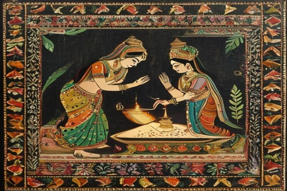 Chhathihar — the writing of destiny — illustration in the Mithila style