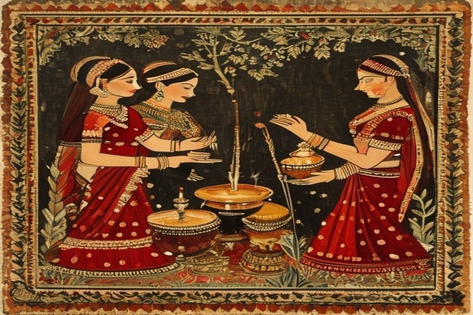 Birth & the Sohar songs — illustration in the Mithila style