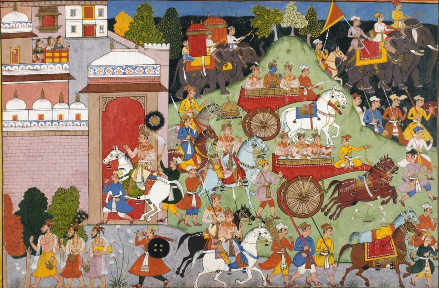 The barat — Ayodhya comes to Janakpur — illustration in the Mithila style