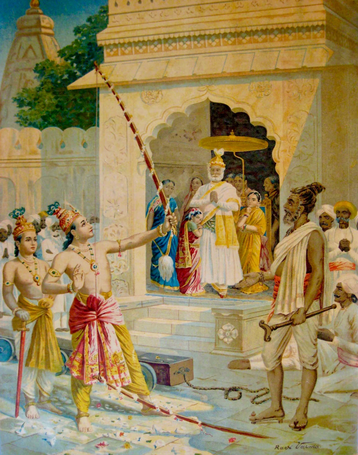 The bow-sacrifice — Rama lifts Shiva’s bow — illustration in the Mithila style